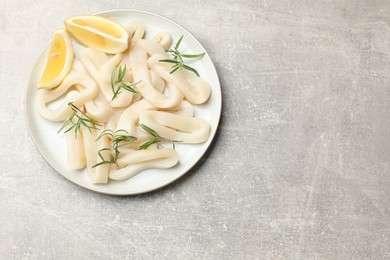 Photo of Uncooked squid rings with lemon slices and rosemary on grey table, top view. Space for text