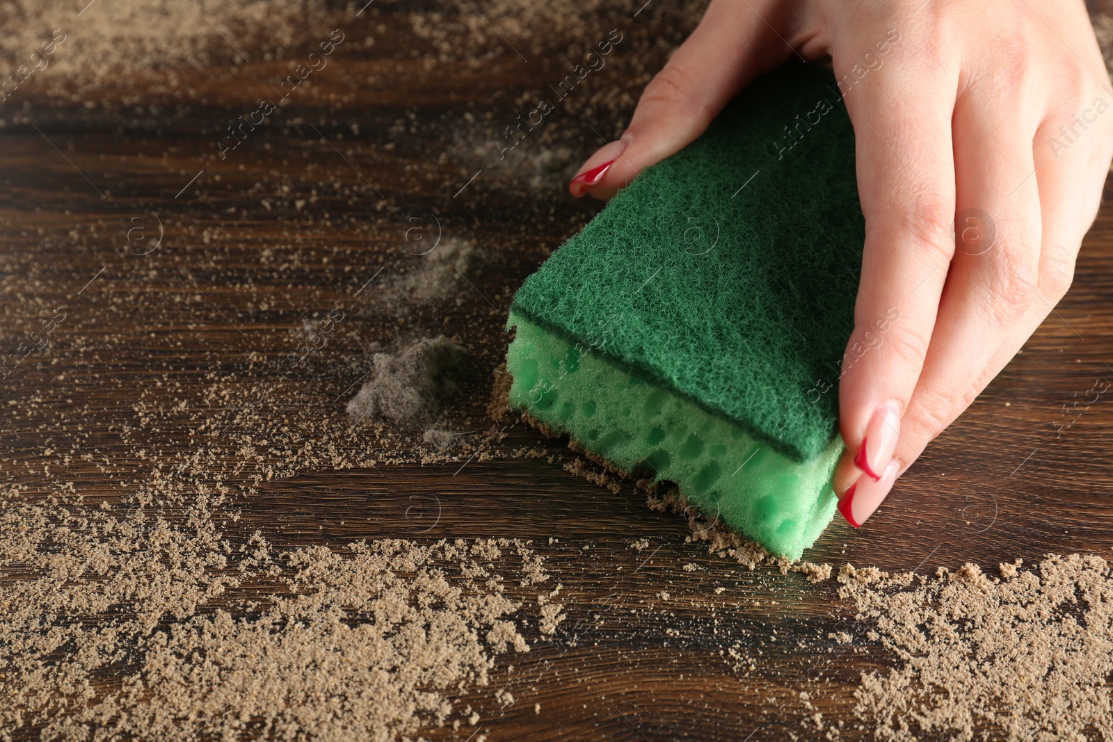 Photo of Woman wiping dust off wooden table, closeup