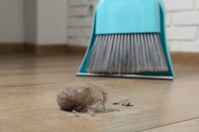 Photo of Dust bunny, dustpan and broom on floor indoors, closeup