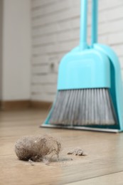 Photo of Dust bunny, dustpan and broom on floor indoors, closeup