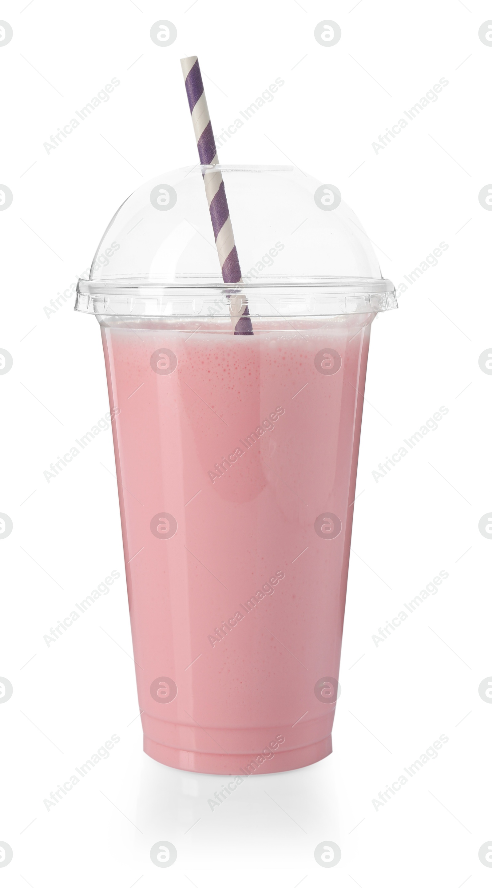 Photo of Tasty milkshake in plastic cup isolated on white