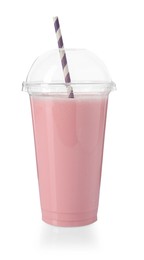 Photo of Tasty milkshake in plastic cup isolated on white