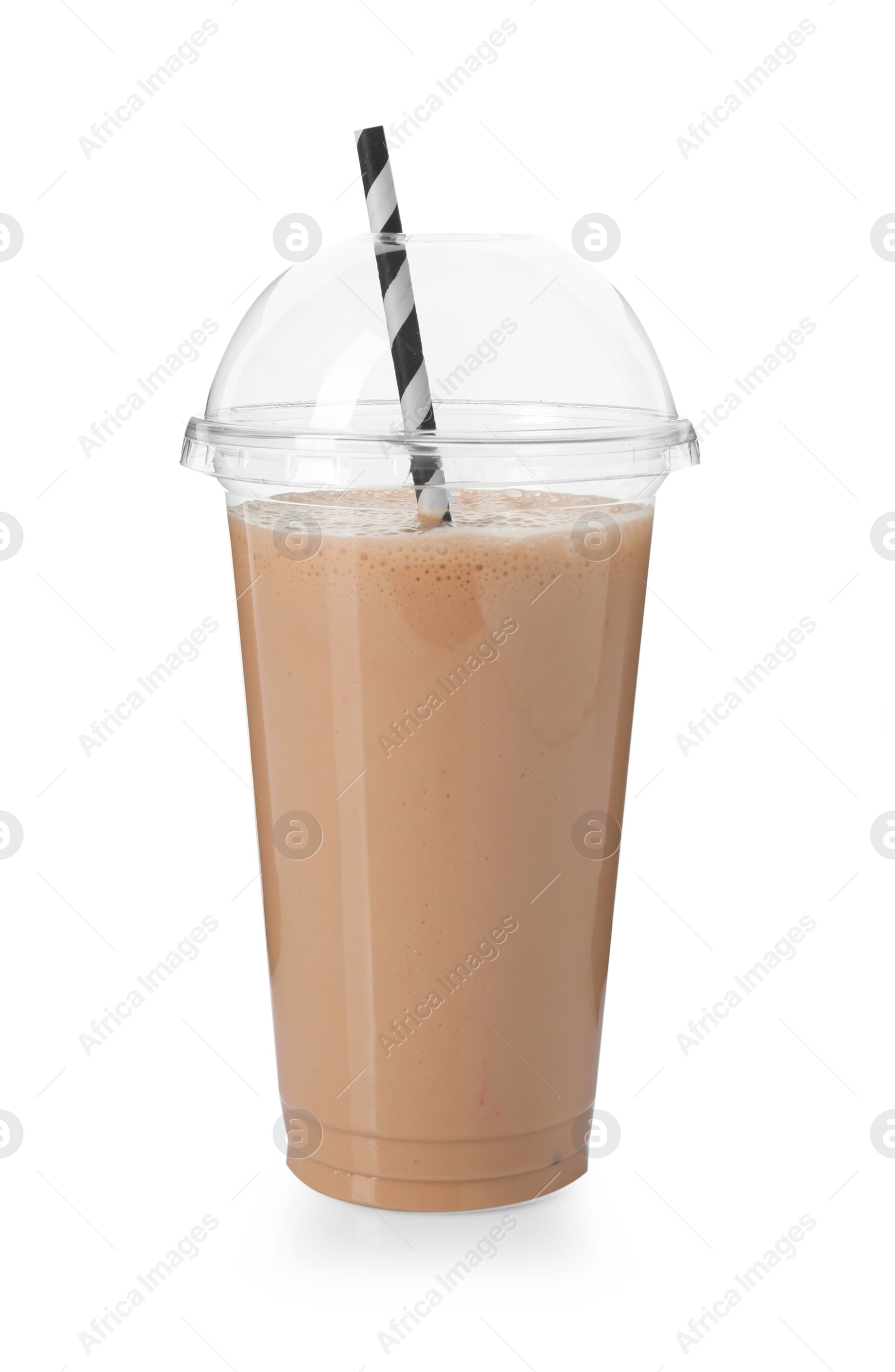 Photo of Tasty milkshake in plastic cup isolated on white