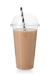 Photo of Tasty milkshake in plastic cup isolated on white