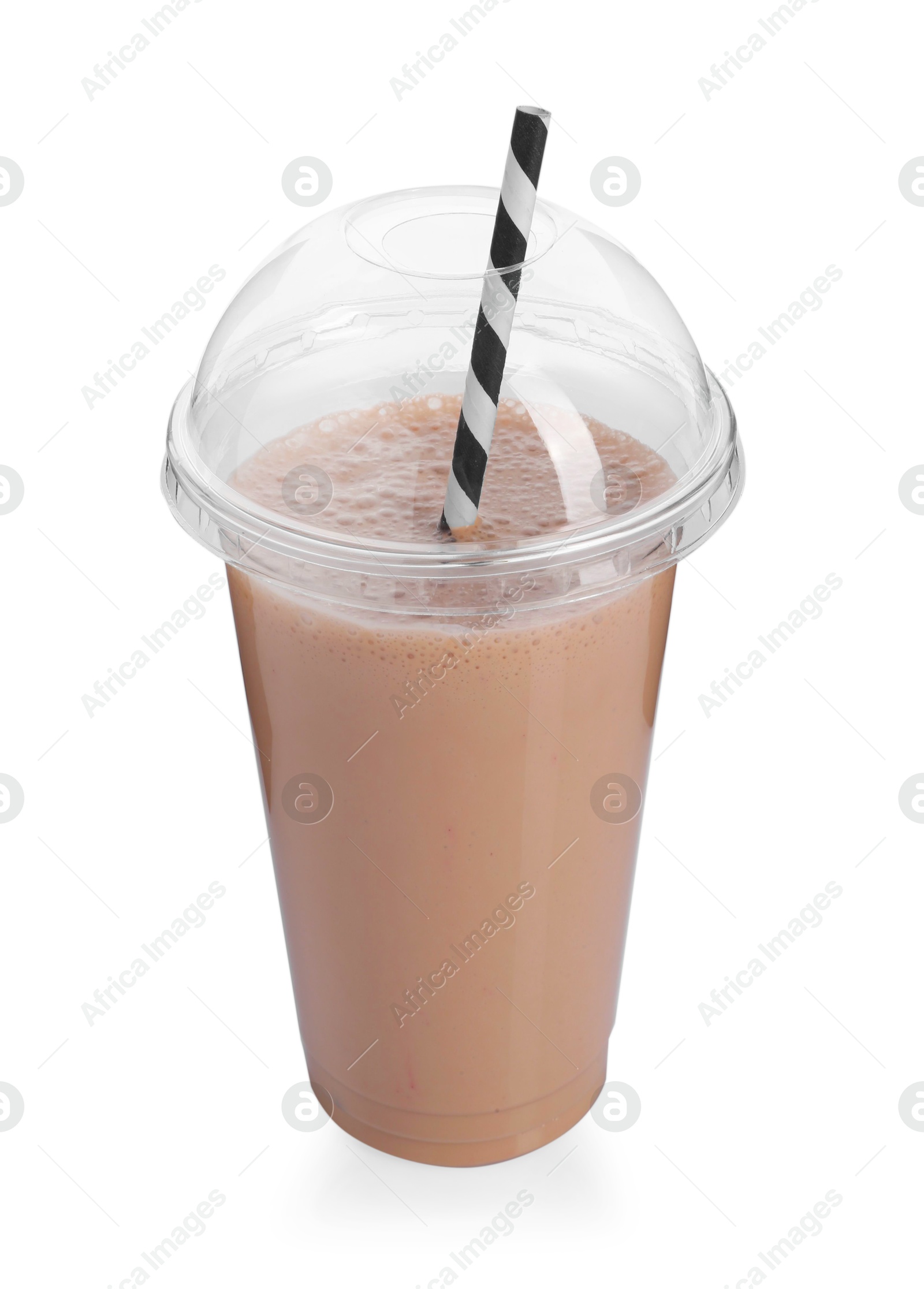 Photo of Tasty milkshake in plastic cup isolated on white