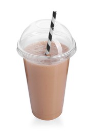 Photo of Tasty milkshake in plastic cup isolated on white