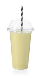 Photo of Tasty milkshake in plastic cup isolated on white