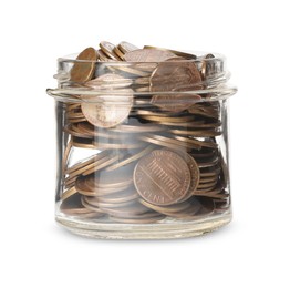 Photo of Glass jar with money isolated on white