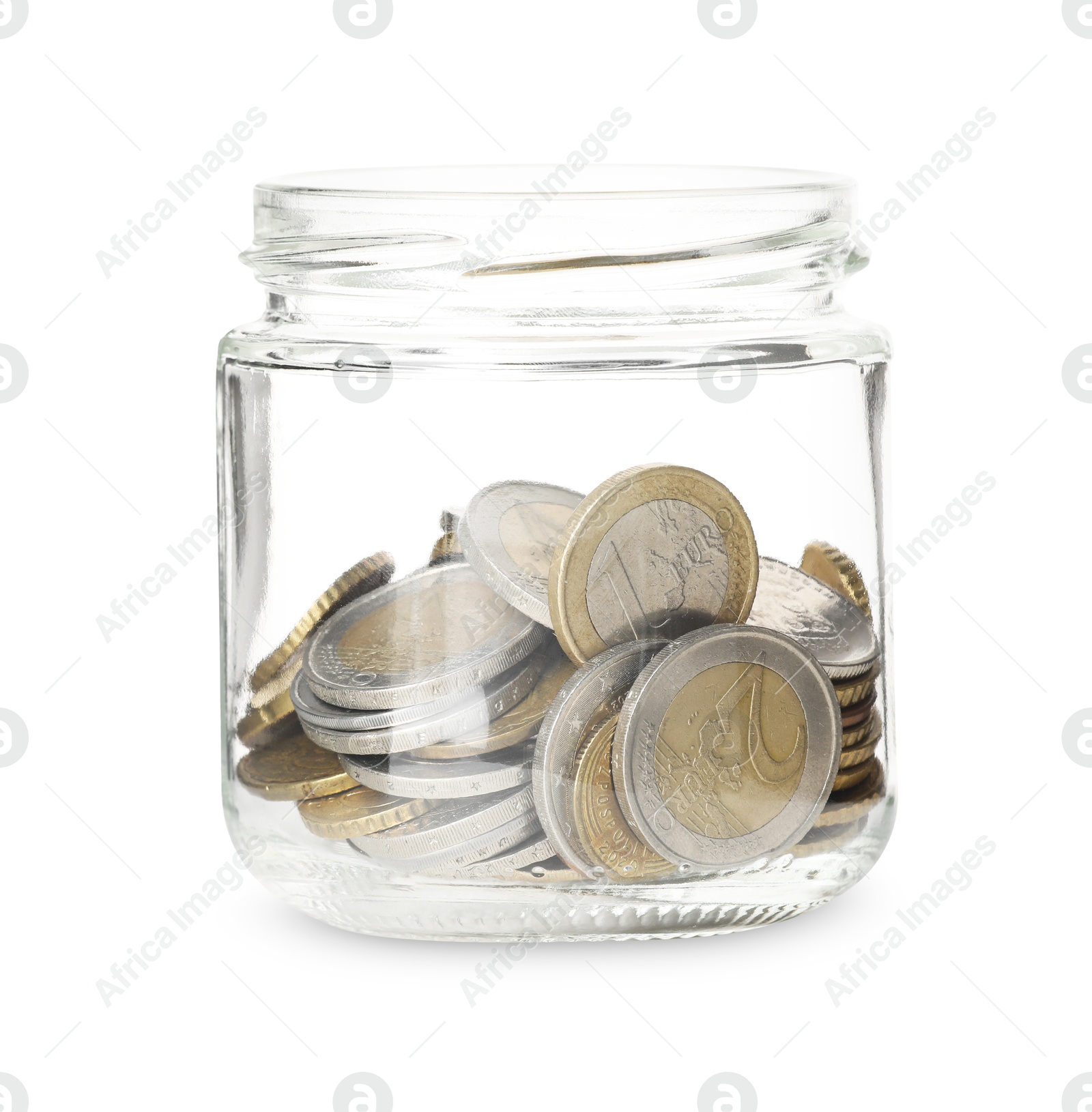 Photo of Glass jar with money isolated on white