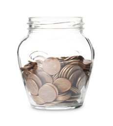 Photo of Glass jar with money isolated on white