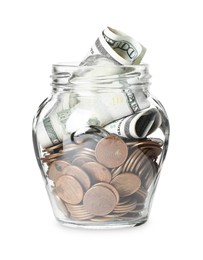 Photo of Glass jar with money isolated on white