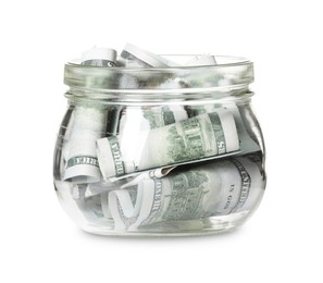 Photo of Glass jar with money isolated on white