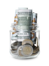 Photo of Glass jar with money isolated on white