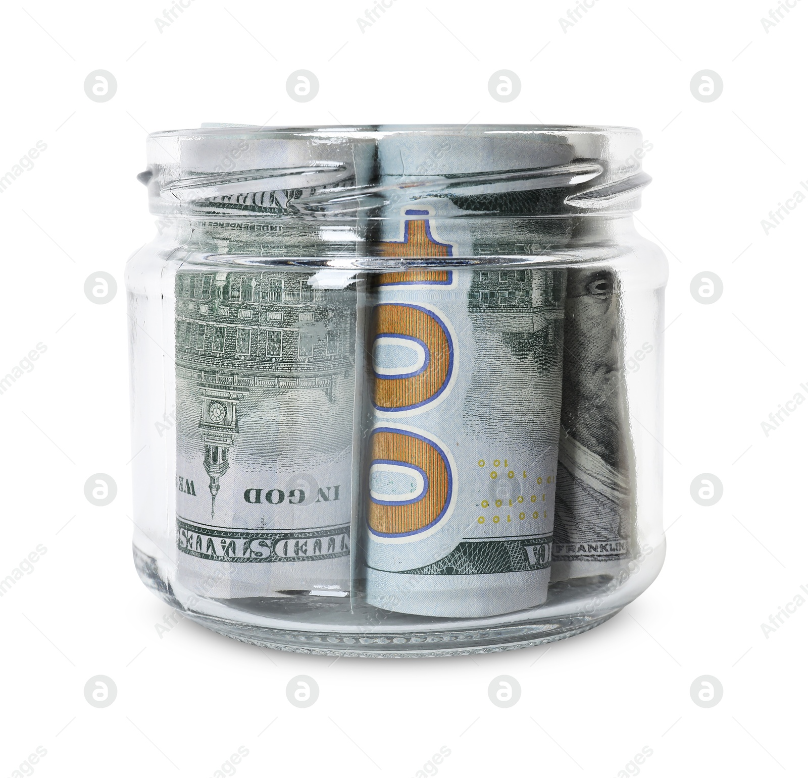 Photo of Glass jar with money isolated on white