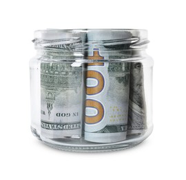 Photo of Glass jar with money isolated on white