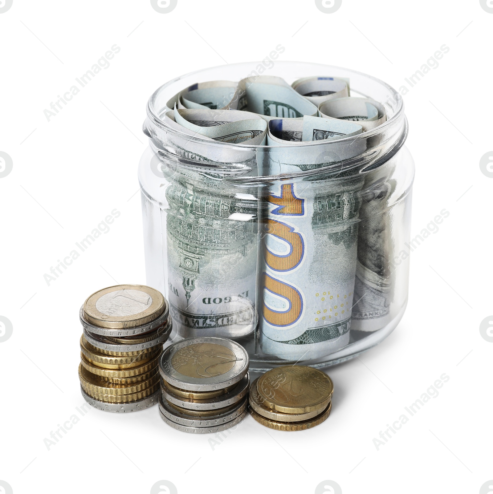 Photo of Glass jar with money isolated on white