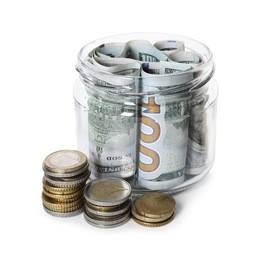Photo of Glass jar with money isolated on white