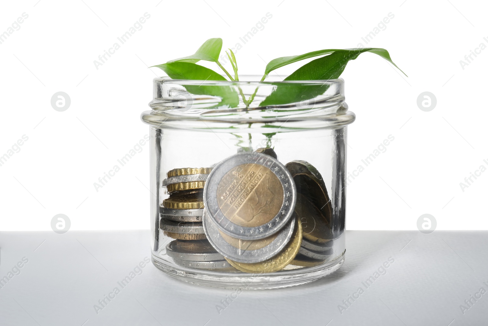 Photo of Glass jar with money and sprout isolated on white