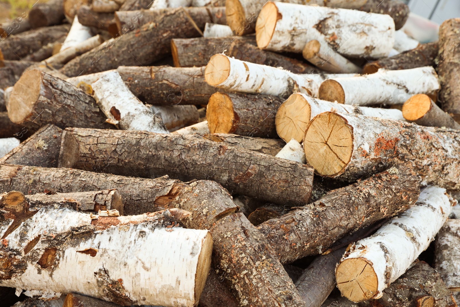 Photo of Pile of cut firewood outdoors, closeup view