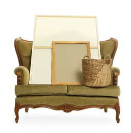 Photo of Soft sofa and other used stuff isolated on white