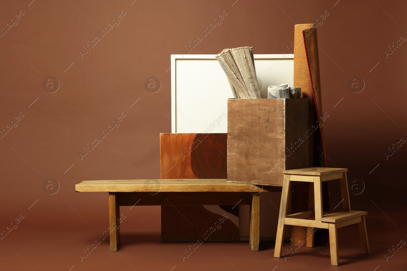 Photo of Many different used stuff on brown background