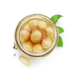 Photo of Pickled asparagus in jar and spices isolated on white, top view