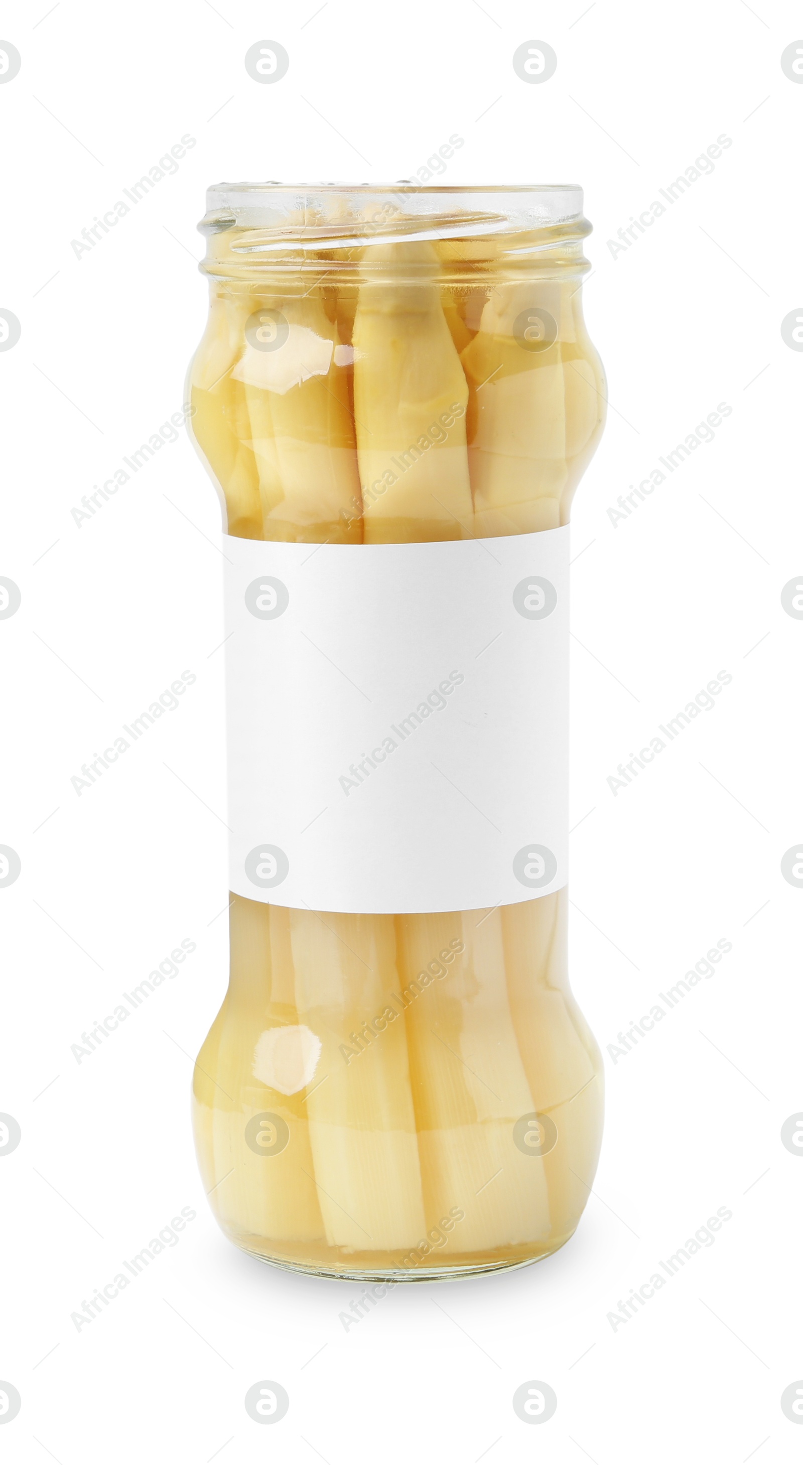 Pickled asparagus in jar isolated on white Photo of Pickled asparagus in jar isolated on white