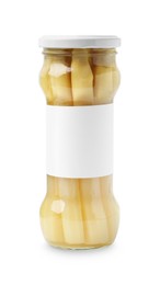 Photo of Pickled asparagus in jar isolated on white