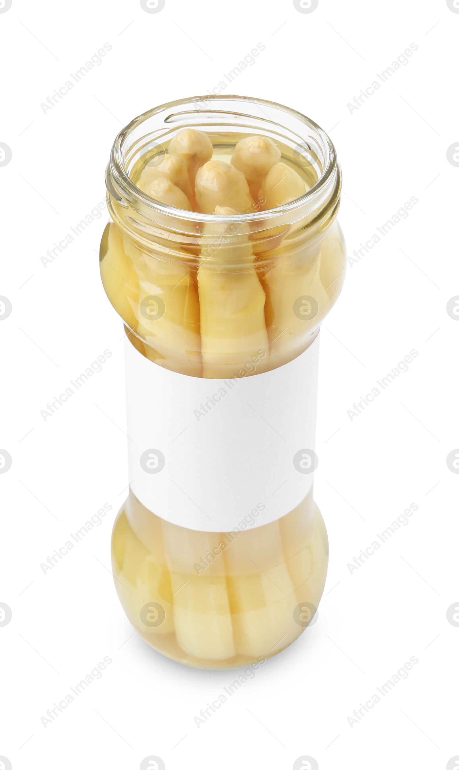 Pickled asparagus in jar isolated on white Photo of Pickled asparagus in jar isolated on white