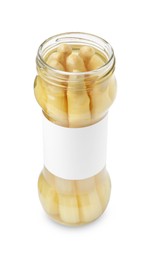 Photo of Pickled asparagus in jar isolated on white