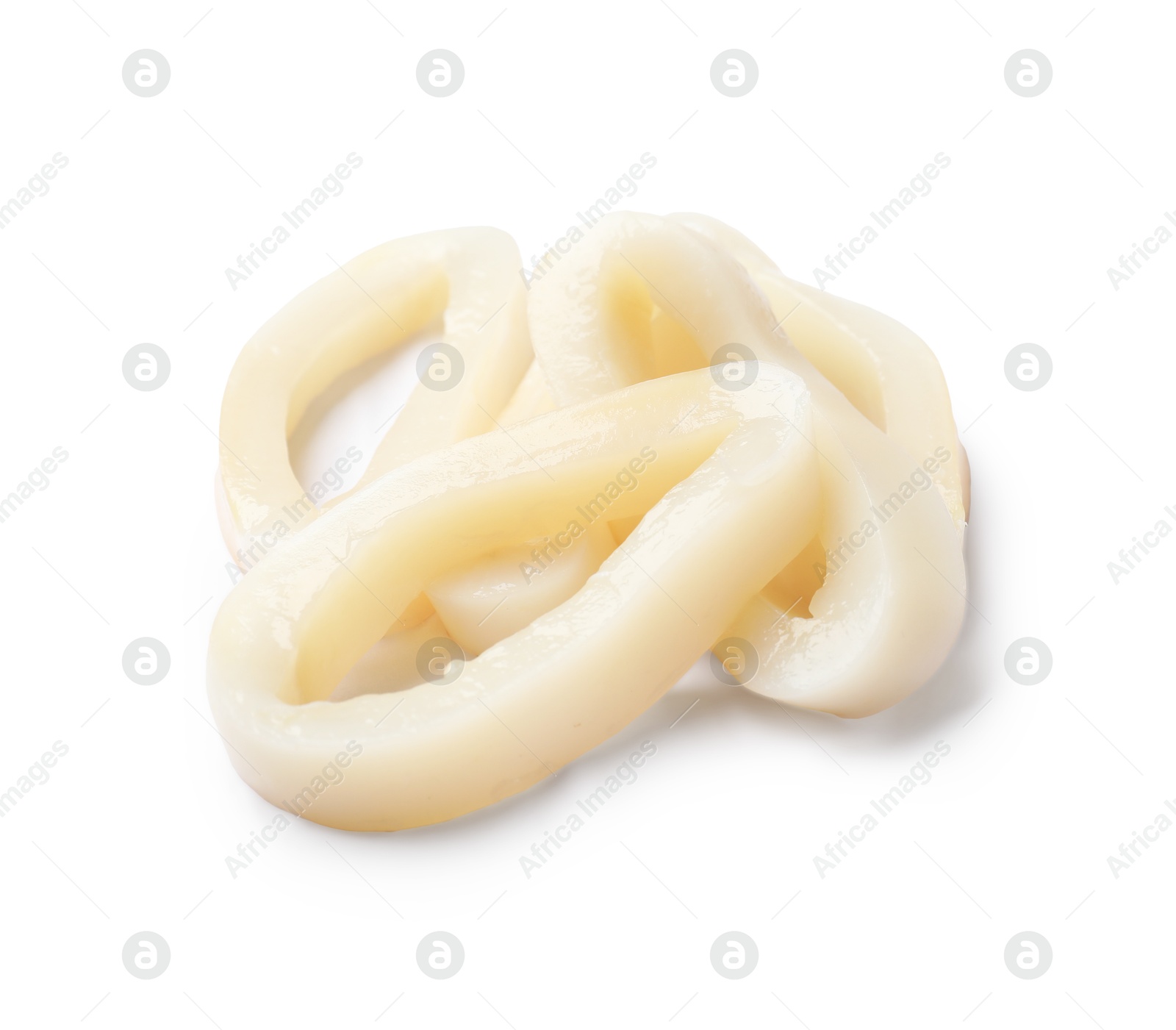 Photo of Many uncooked squid rings isolated on white