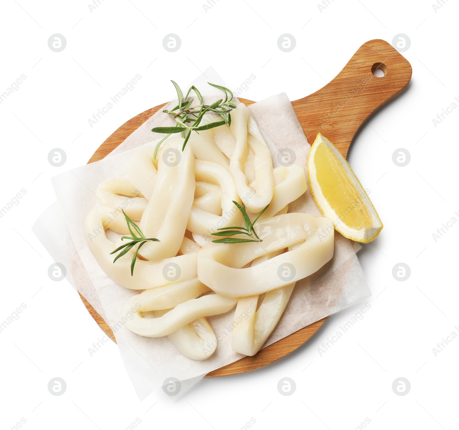 Photo of Uncooked squid rings with lemon slice and rosemary isolated on white, top view