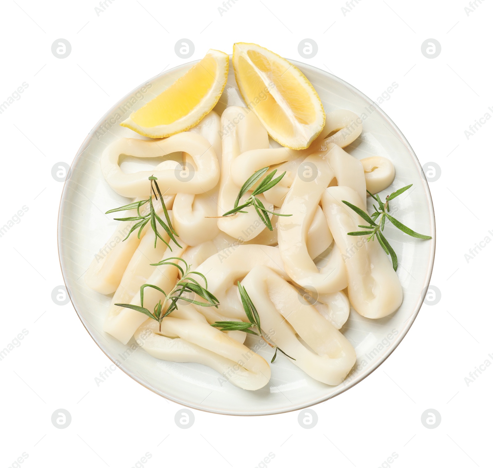 Photo of Uncooked squid rings with lemon slices and rosemary isolated on white, top view