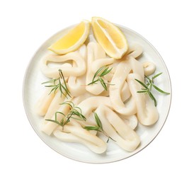 Photo of Uncooked squid rings with lemon slices and rosemary isolated on white, top view