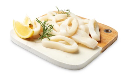 Photo of Uncooked squid rings with lemon slices and rosemary isolated on white