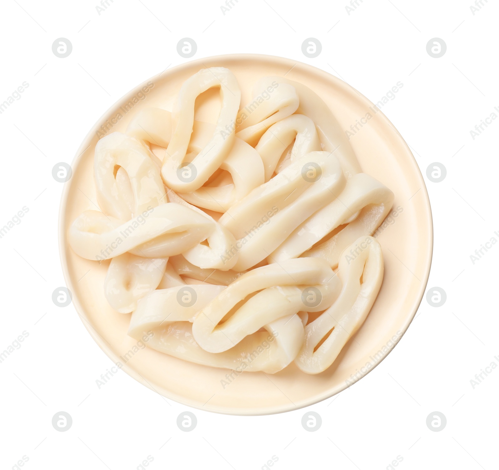 Photo of Uncooked squid rings isolated on white, top view