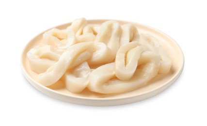 Photo of Many uncooked squid rings isolated on white