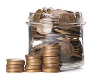 Photo of Glass jar with money isolated on white