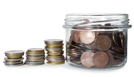Photo of Glass jar with money isolated on white