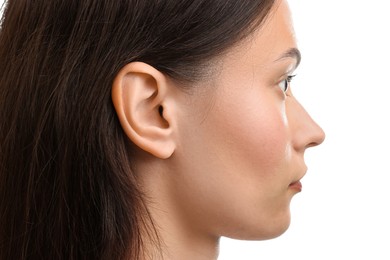 Photo of Sound. Woman on white background, closeup view
