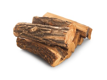 Photo of Pile of cut firewood isolated on white
