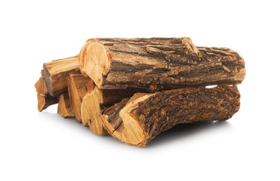 Photo of Pile of cut firewood isolated on white