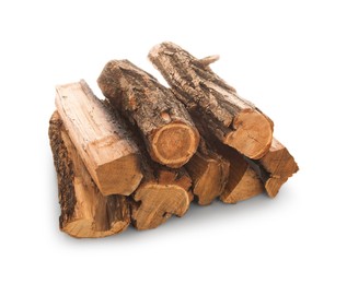 Photo of Pile of cut firewood isolated on white