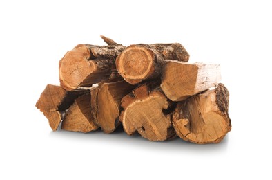 Photo of Pile of cut firewood isolated on white