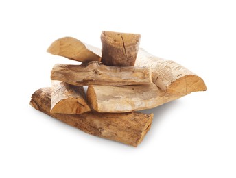 Photo of Pile of cut firewood isolated on white