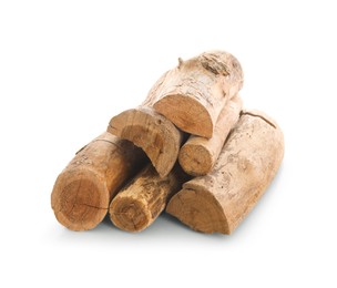 Photo of Pile of cut firewood isolated on white