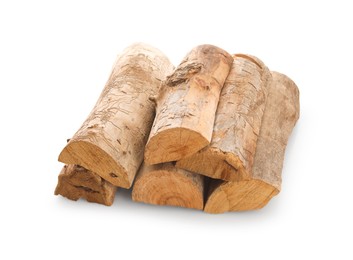 Photo of Pile of cut firewood isolated on white