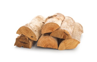 Photo of Pile of cut firewood isolated on white