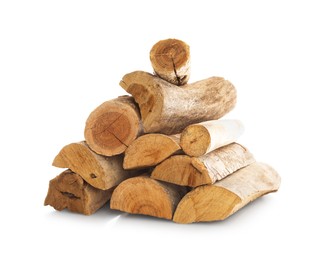 Photo of Pile of cut firewood isolated on white