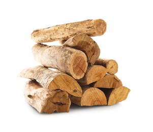 Photo of Pile of cut firewood isolated on white